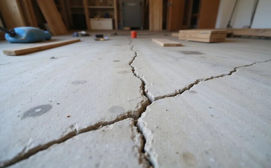 Diagonal crack across a concrete slab floor with a slight height difference