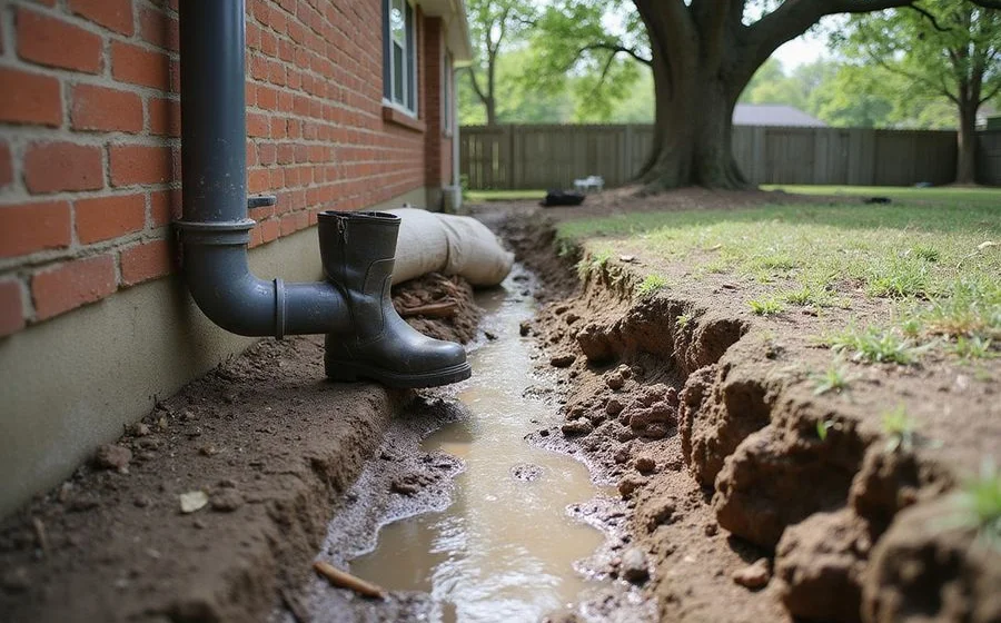 Downspout discharging against a foundation corner with soil eroded and water pooling