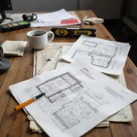 Editorial workspace with foundation project documents and elevation measurement notes