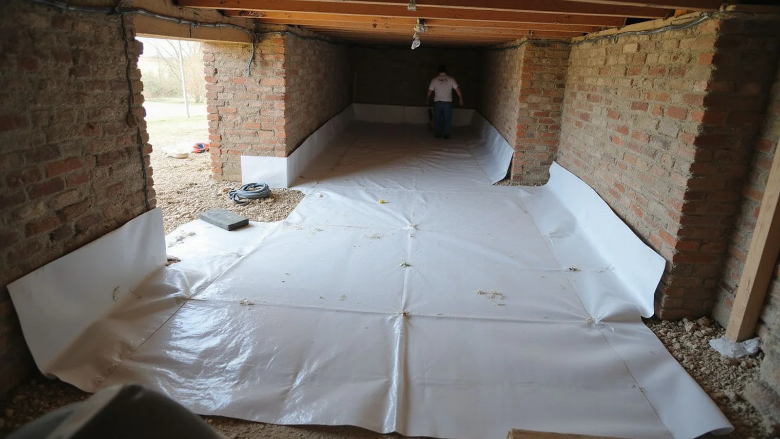 Encapsulated crawl space with reinforced vapor barrier over the ground and up the walls