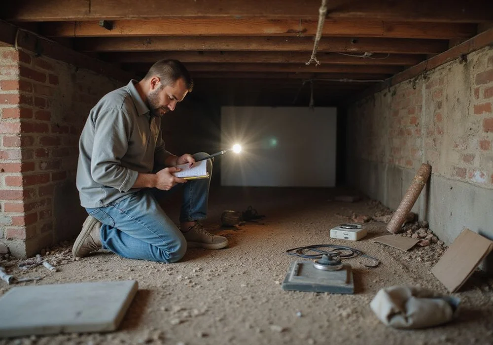Estimator recording notes at a crawl space entry