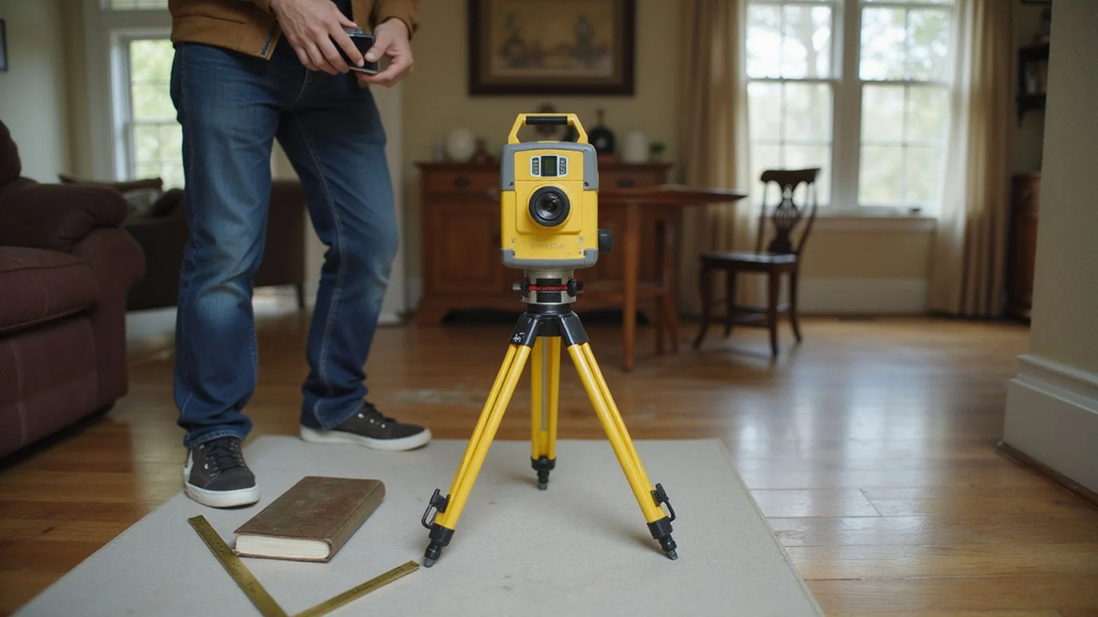 Estimator recording floor elevation readings with a laser level inside a Nashville home