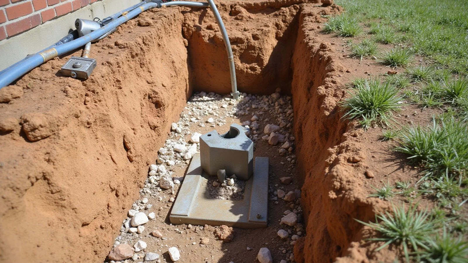 Excavated trench beside a slab-on-grade footing with a steel pier bracket in place