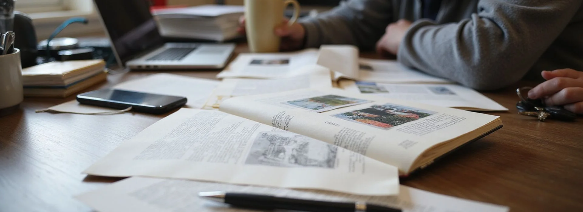 Field notebook and project photographs on a desk