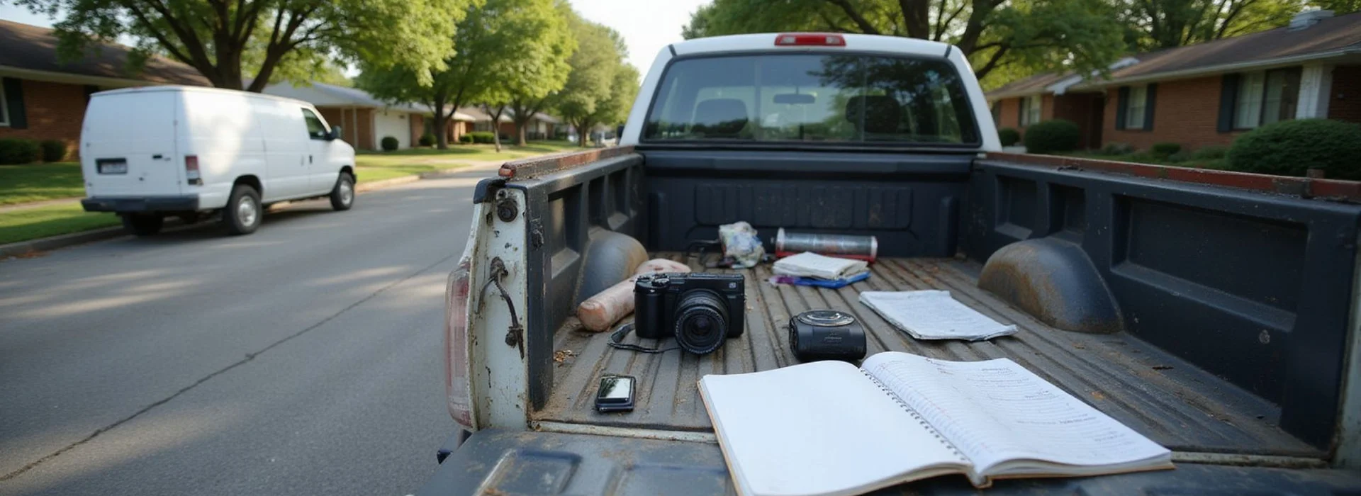 Field notebook and elevation readings on a truck tailgate at a jobsite