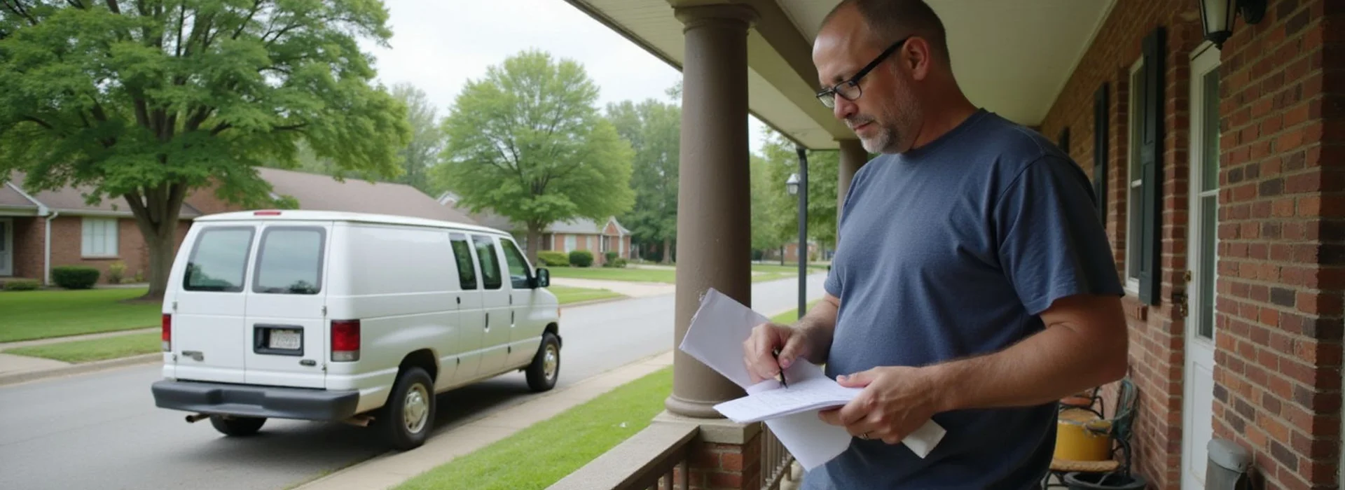 Homeowner reviewing a written scope on the porch of a Middle Tennessee home