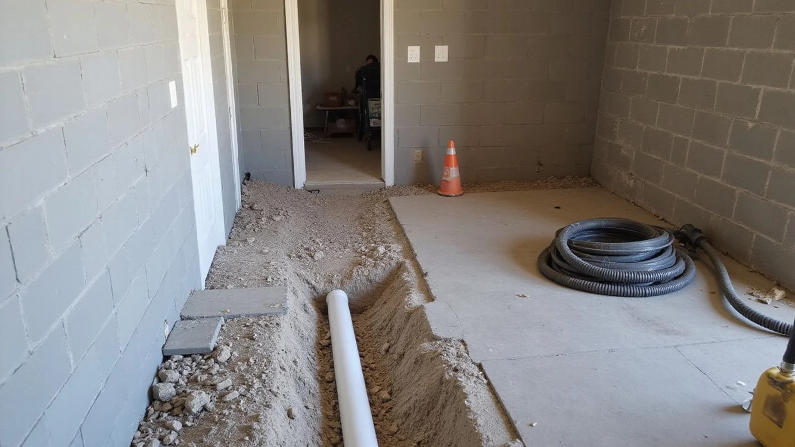 Interior perimeter drain being installed along a basement footing