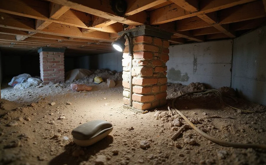 New sistered joist bolted alongside a decayed floor joist in a crawl space