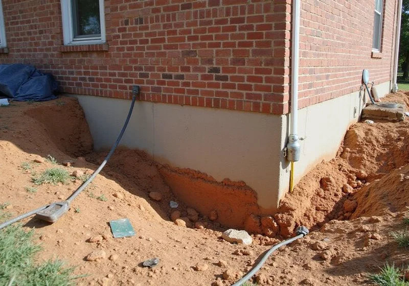 Settled corner with separated brick veneer above a garage opening, before work