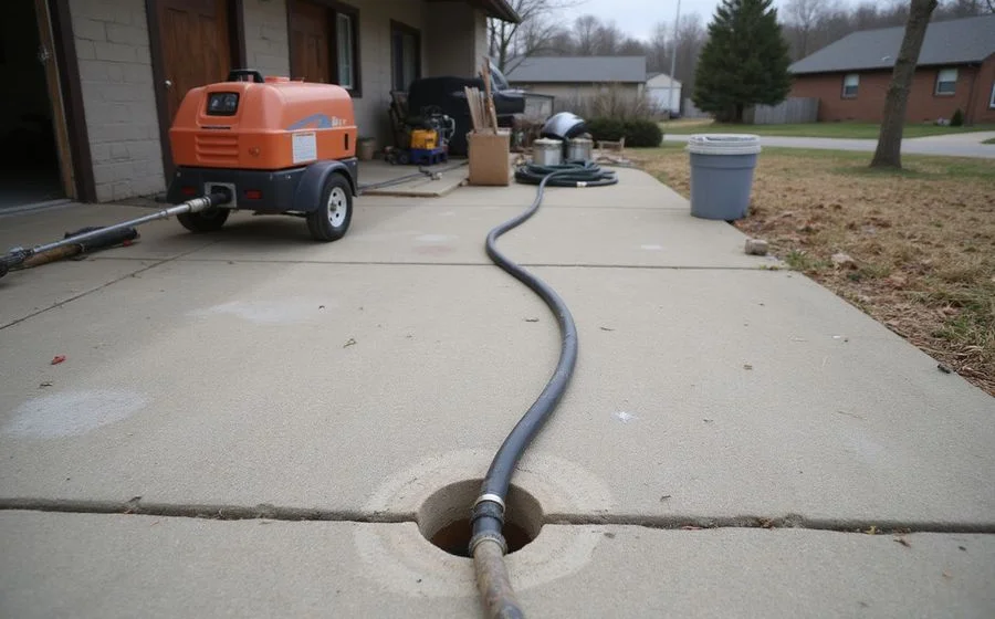 Injection ports drilled in a settled concrete walkway with foam equipment connected