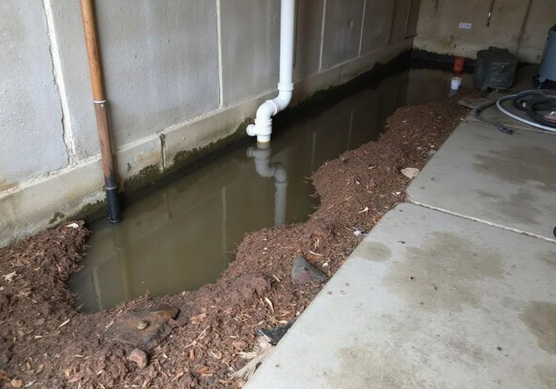 Standing water pooled against a foundation wall after a storm