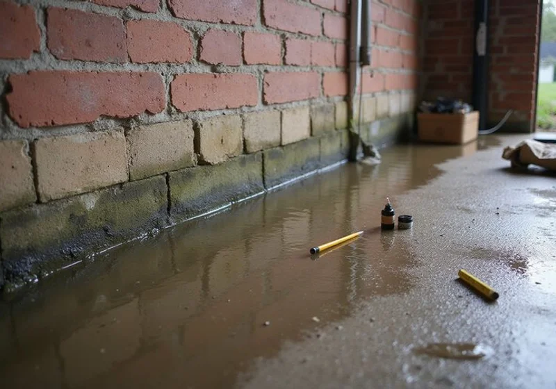 Standing water pooled along a basement wall after heavy rain