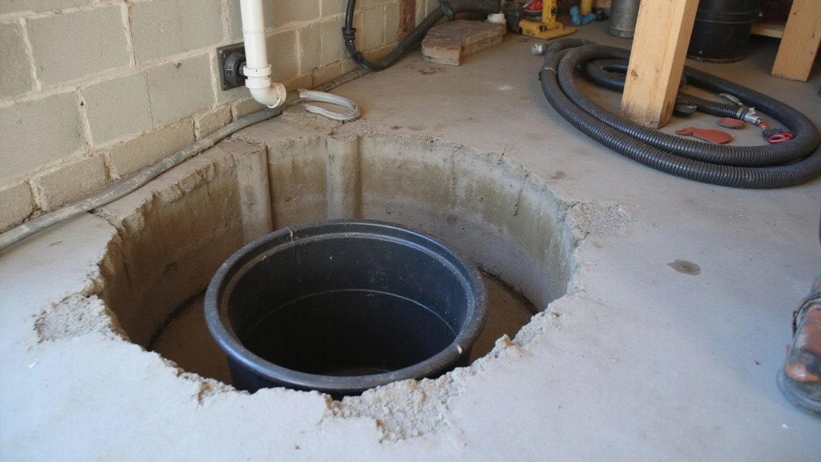 Sump basin with submersible pump, check valve, and discharge pipe in a basement