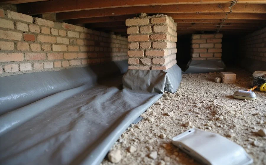 Taped and sealed vapor barrier seam around a crawl space support pier