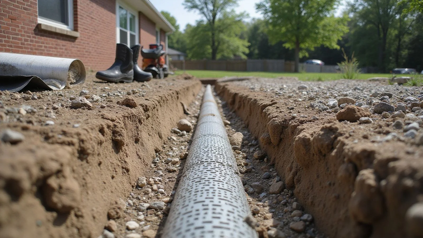 Trench with perforated drain pipe and gravel running across a Middle Tennessee yard