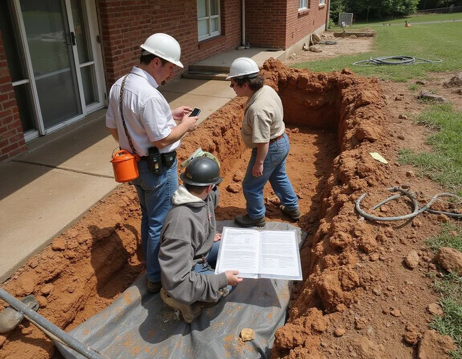 Field estimators reviewing measurements and a written scope beside an excavated footing