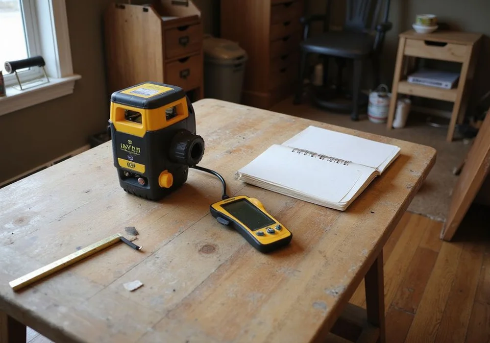 Work bench with laser level, moisture meter, and project folders